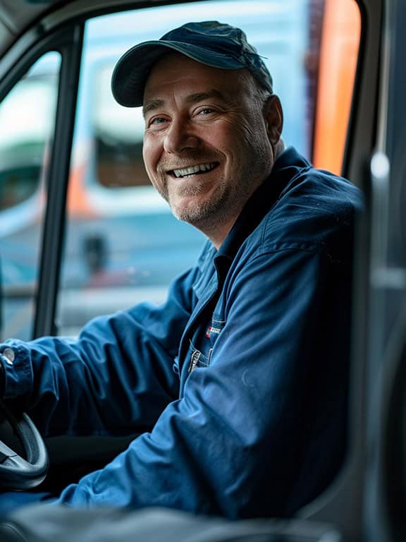 a man smiling while driving a van