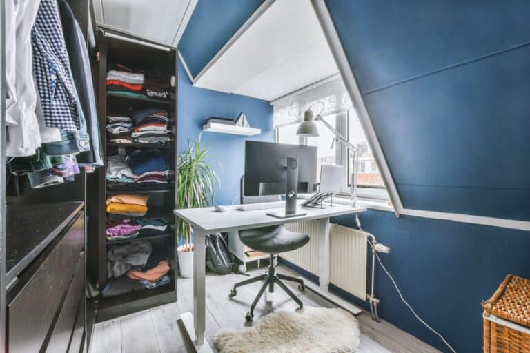 A closet and an office table