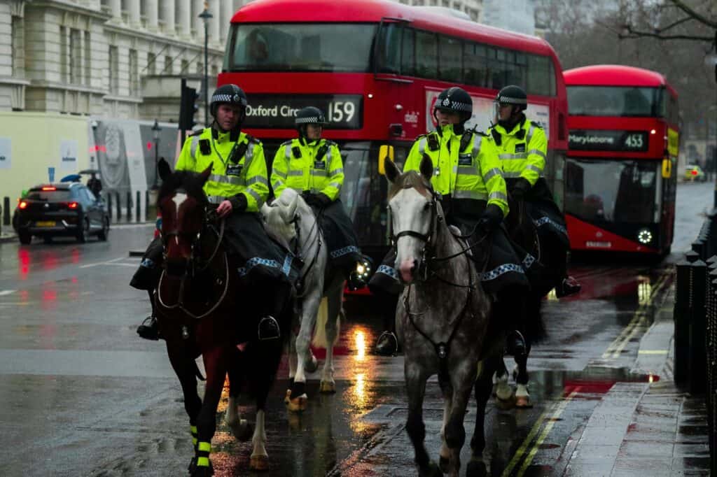 Mounted police in a busy street