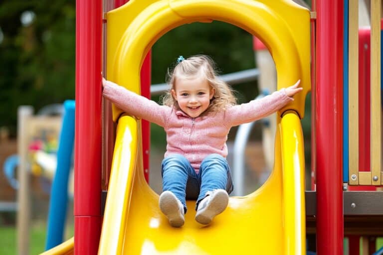 A little girl is on the slide in the playground in the concept of 'best parks and green spaces in Uxbridge'.